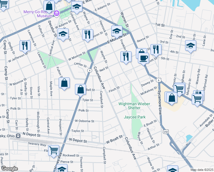 map of restaurants, bars, coffee shops, grocery stores, and more near 1116 Columbus Avenue in Sandusky
