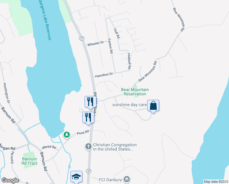 map of restaurants, bars, coffee shops, grocery stores, and more near 18 Spring Ridge Court in Danbury