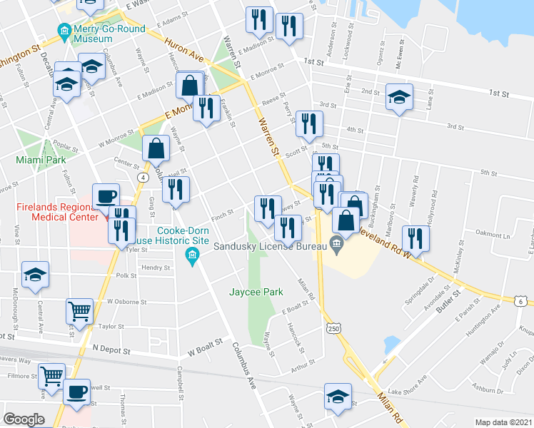 map of restaurants, bars, coffee shops, grocery stores, and more near 1221 Franklin Street in Sandusky