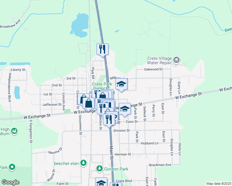 map of restaurants, bars, coffee shops, grocery stores, and more near 1290 Wood Street in Crete