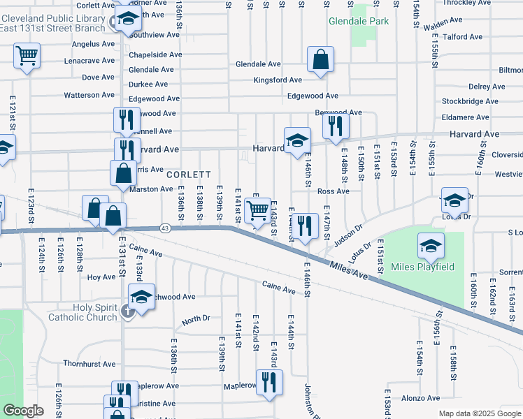 map of restaurants, bars, coffee shops, grocery stores, and more near 4142 East 143rd Street in Cleveland