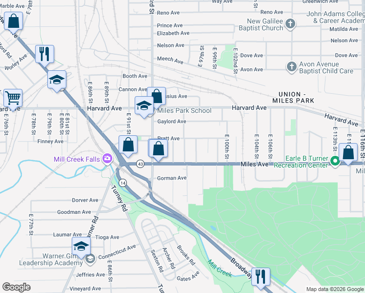 map of restaurants, bars, coffee shops, grocery stores, and more near 9512 Pratt Avenue in Cleveland