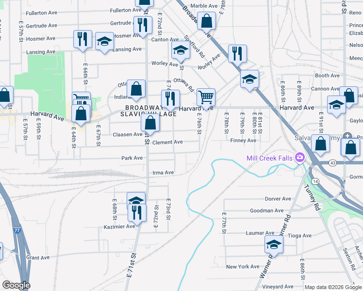 map of restaurants, bars, coffee shops, grocery stores, and more near 7418 Clement Avenue in Cleveland
