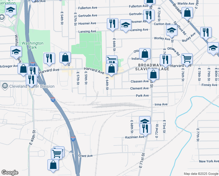 map of restaurants, bars, coffee shops, grocery stores, and more near 4097 East 64th Street in Cleveland