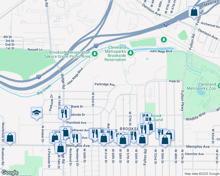 map of restaurants, bars, coffee shops, grocery stores, and more near 6015 Parkridge Avenue in Cleveland