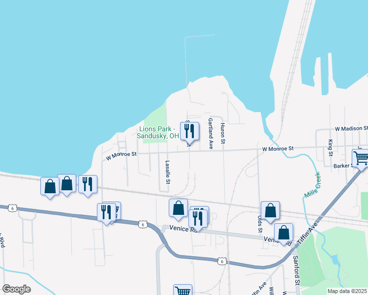map of restaurants, bars, coffee shops, grocery stores, and more near 3213 West Monroe Street in Sandusky