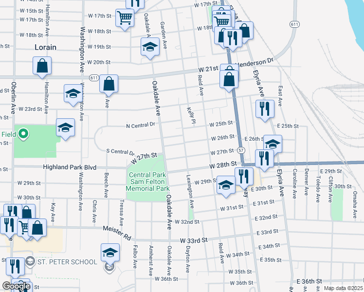 map of restaurants, bars, coffee shops, grocery stores, and more near 2604 Lexington Avenue in Lorain