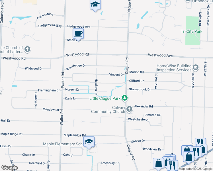 map of restaurants, bars, coffee shops, grocery stores, and more near 23947 Lebern Drive in North Olmsted