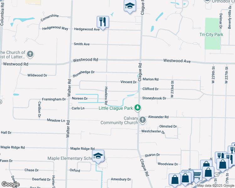 map of restaurants, bars, coffee shops, grocery stores, and more near 23947 Lebern Dr in North Olmsted
