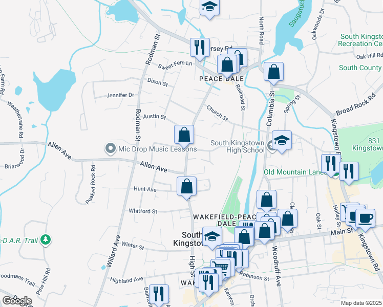 map of restaurants, bars, coffee shops, grocery stores, and more near 20 Oak Dell Street in South Kingstown