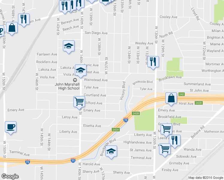 map of restaurants, bars, coffee shops, grocery stores, and more near 13517 Tyler Avenue in Cleveland