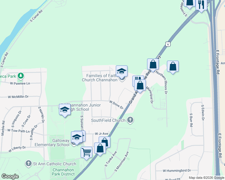 map of restaurants, bars, coffee shops, grocery stores, and more near 24031 South Cardinal Drive in Channahon