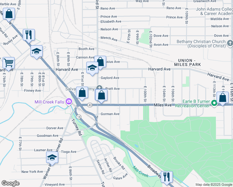 map of restaurants, bars, coffee shops, grocery stores, and more near 9512 Pratt Avenue in Cleveland