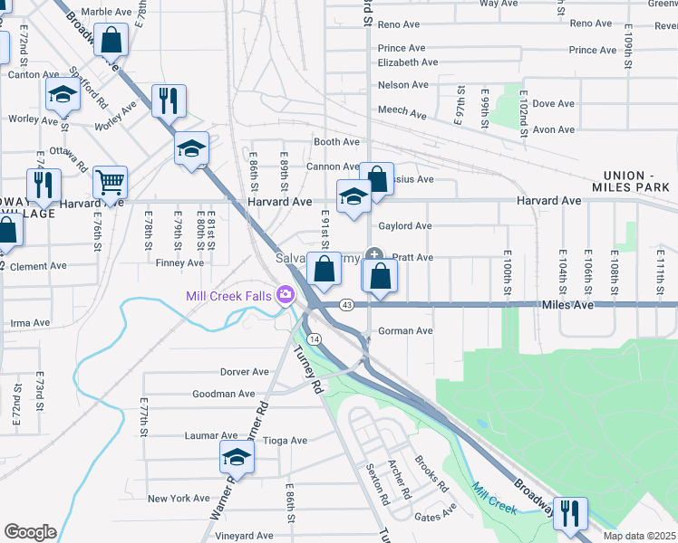 map of restaurants, bars, coffee shops, grocery stores, and more near 9114 Miles Park Avenue in Cleveland