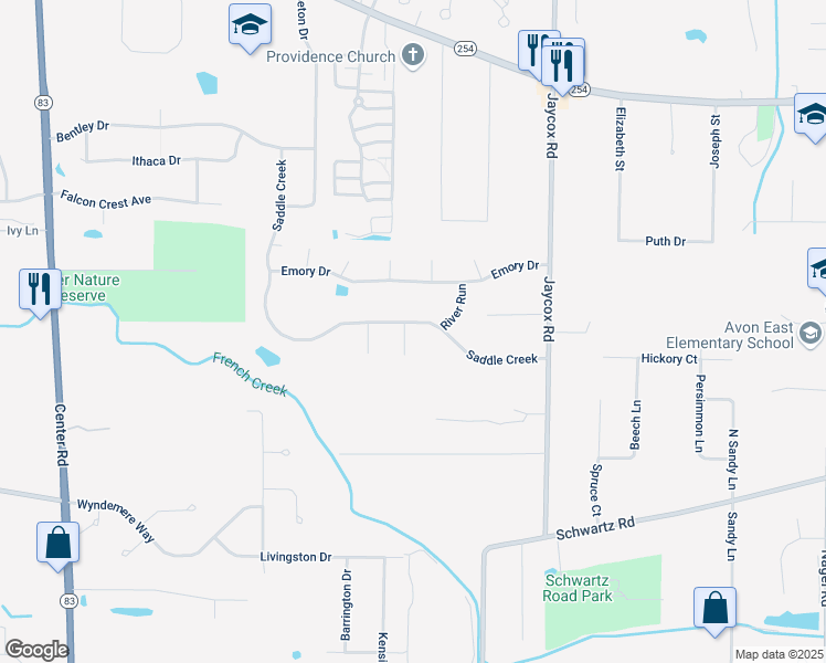 map of restaurants, bars, coffee shops, grocery stores, and more near 35231 Saddle Creek in Avon