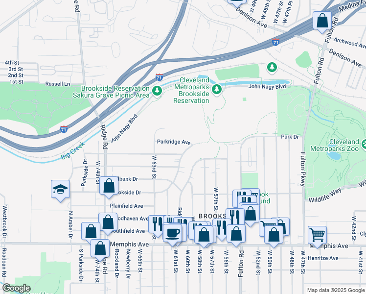 map of restaurants, bars, coffee shops, grocery stores, and more near 6015 Parkridge Avenue in Cleveland