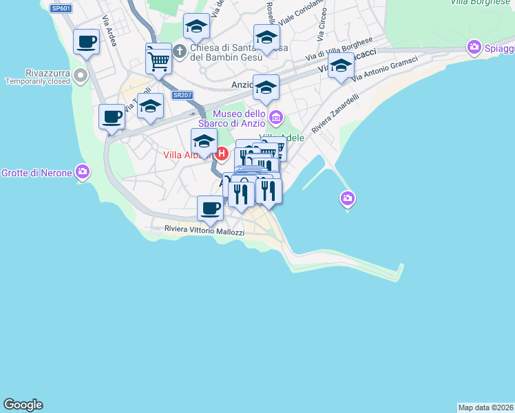 map of restaurants, bars, coffee shops, grocery stores, and more near 21 Via 20 Settembre in Anzio