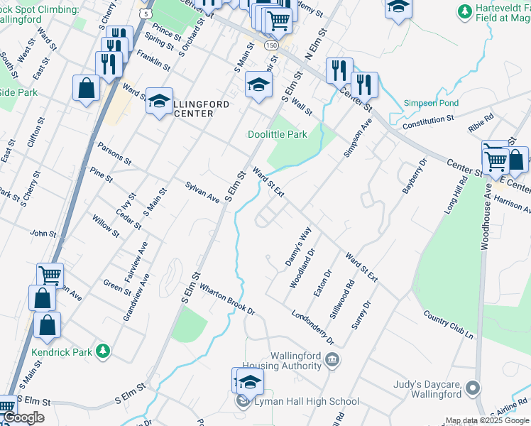 map of restaurants, bars, coffee shops, grocery stores, and more near 6 Olde Village Circle in Wallingford