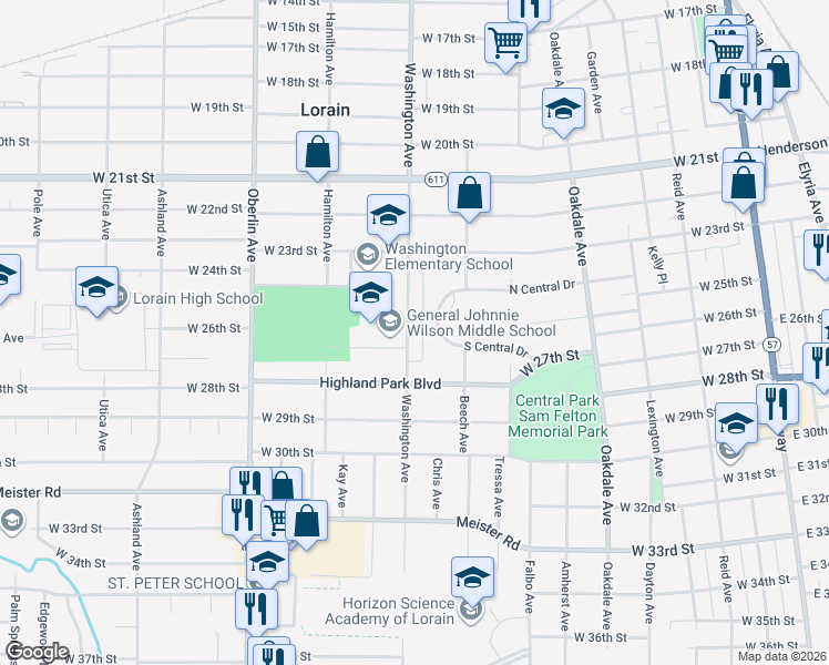 map of restaurants, bars, coffee shops, grocery stores, and more near 2511 Washington Avenue in Lorain