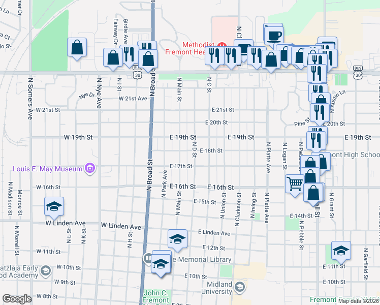 map of restaurants, bars, coffee shops, grocery stores, and more near 1810 North D Street in Fremont