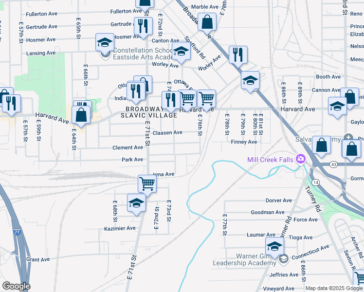 map of restaurants, bars, coffee shops, grocery stores, and more near 7418 Clement Avenue in Cleveland
