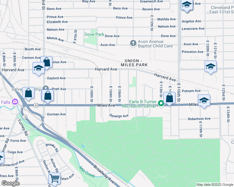 map of restaurants, bars, coffee shops, grocery stores, and more near 4133 East 104th Street in Cleveland
