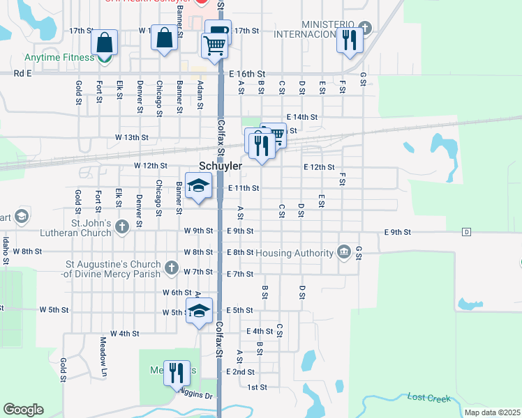 map of restaurants, bars, coffee shops, grocery stores, and more near 1003 B Street in Schuyler