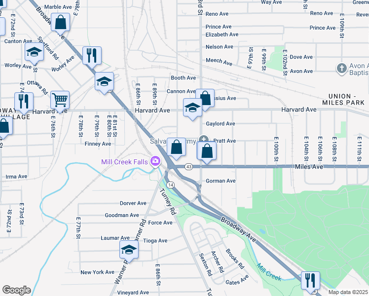 map of restaurants, bars, coffee shops, grocery stores, and more near 9114 Miles Park Avenue in Cleveland