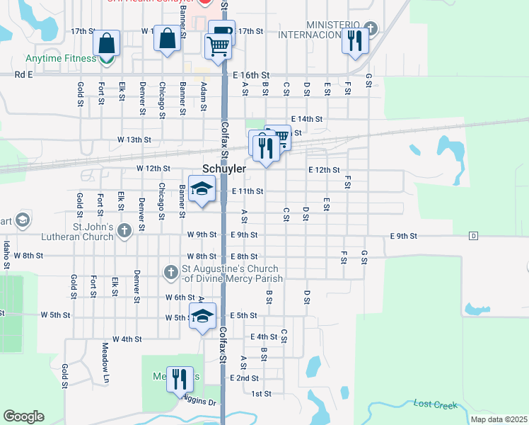 map of restaurants, bars, coffee shops, grocery stores, and more near 1003 B Street in Schuyler