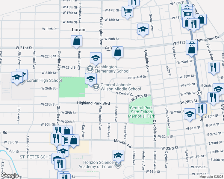 map of restaurants, bars, coffee shops, grocery stores, and more near 936 South Central Drive in Lorain