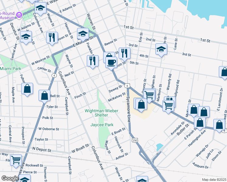 map of restaurants, bars, coffee shops, grocery stores, and more near 414 Dewey Street in Sandusky