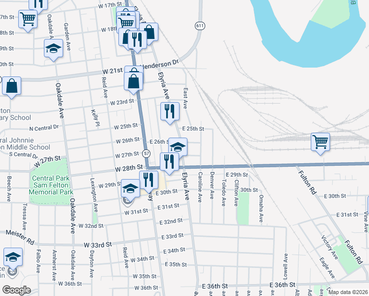 map of restaurants, bars, coffee shops, grocery stores, and more near 2602 Elyria Avenue in Lorain