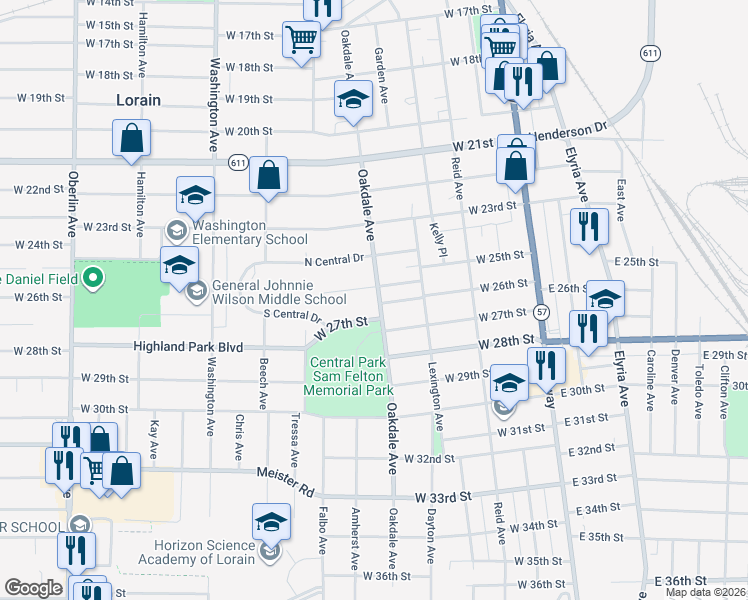 map of restaurants, bars, coffee shops, grocery stores, and more near 617 West 25th Street in Lorain