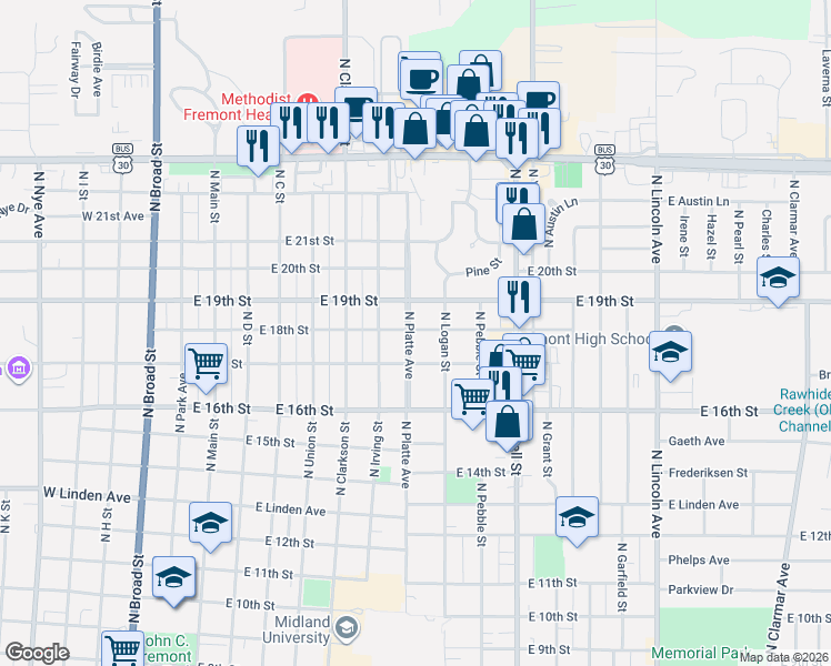 map of restaurants, bars, coffee shops, grocery stores, and more near 1760 North Platte Avenue in Fremont