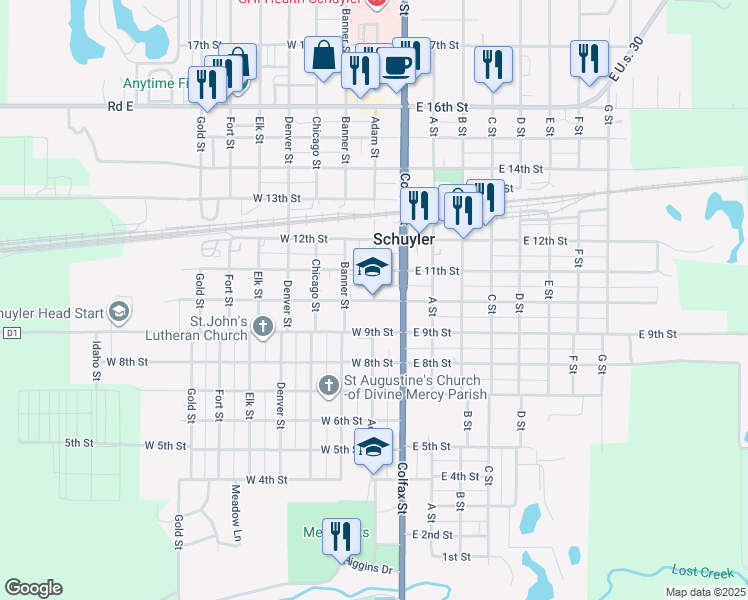 map of restaurants, bars, coffee shops, grocery stores, and more near 200 West 10th Street in Schuyler