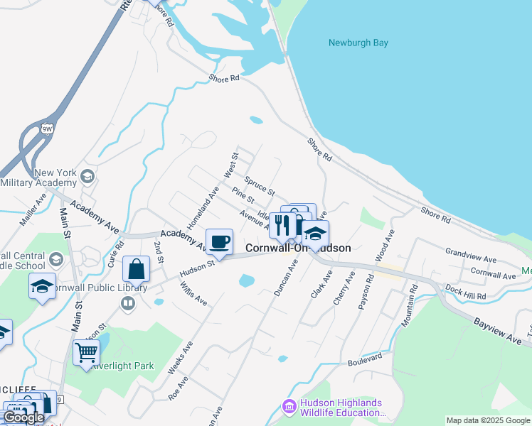 map of restaurants, bars, coffee shops, grocery stores, and more near 38 Idlewild Avenue in Cornwall-on-Hudson