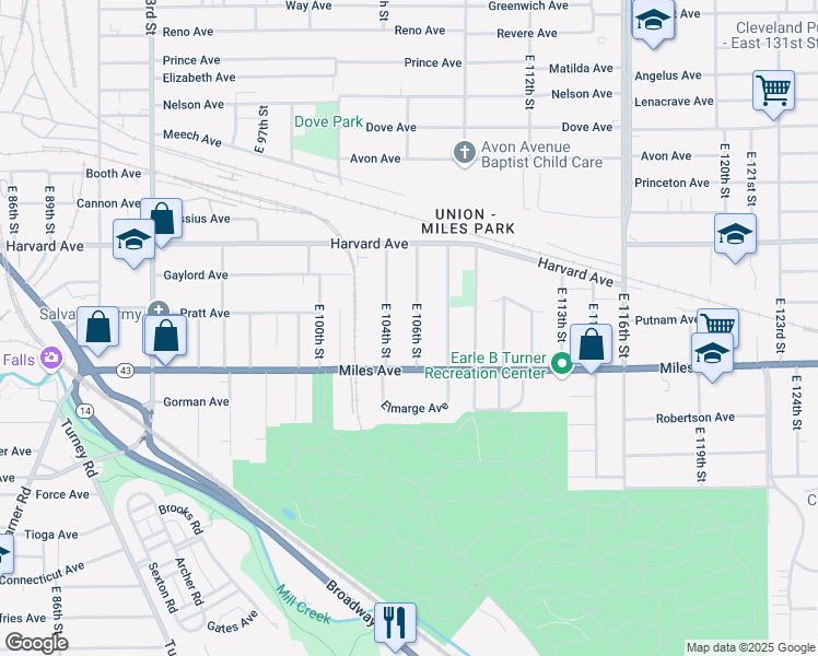 map of restaurants, bars, coffee shops, grocery stores, and more near 4133 East 104th Street in Cleveland