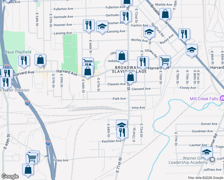 map of restaurants, bars, coffee shops, grocery stores, and more near 6917 Clement Avenue in Cleveland