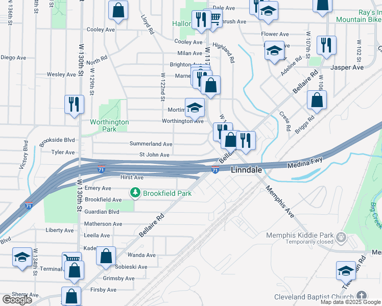 map of restaurants, bars, coffee shops, grocery stores, and more near 11912 Saint John Avenue in Cleveland