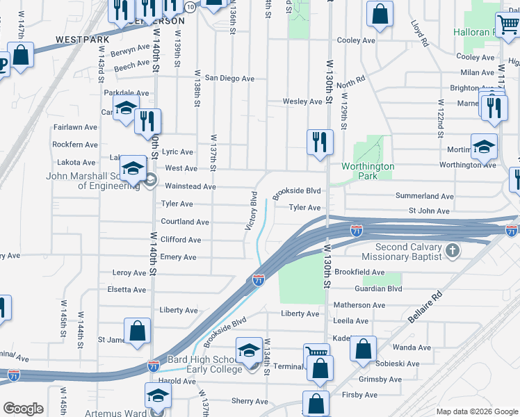 map of restaurants, bars, coffee shops, grocery stores, and more near 3962 Victory Boulevard in Cleveland