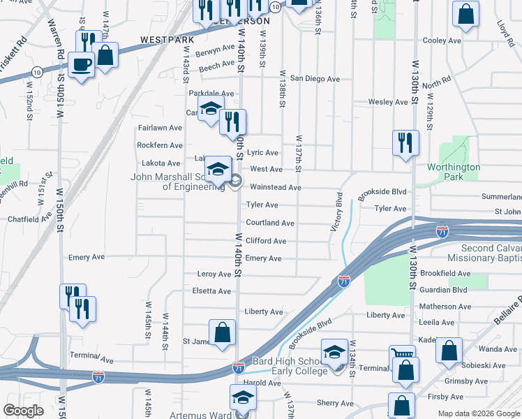 map of restaurants, bars, coffee shops, grocery stores, and more near 13901 Tyler Avenue in Cleveland