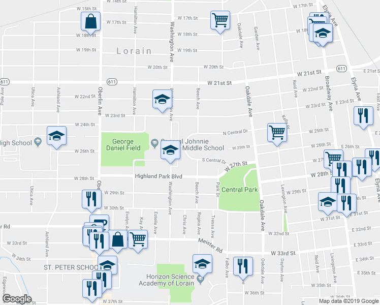 map of restaurants, bars, coffee shops, grocery stores, and more near 936 South Central Drive in Lorain