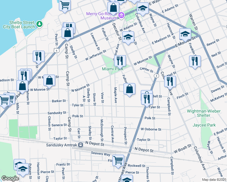 map of restaurants, bars, coffee shops, grocery stores, and more near 915 Central Avenue in Sandusky