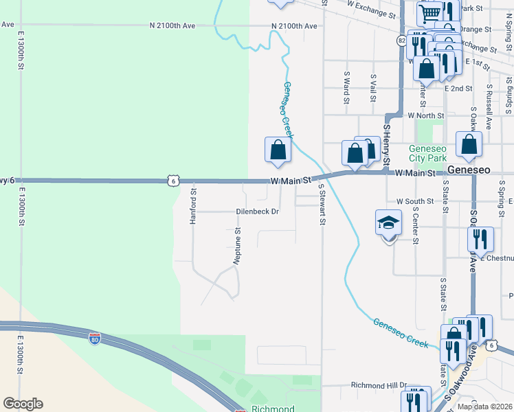 map of restaurants, bars, coffee shops, grocery stores, and more near 775 Dilenbeck Drive in Geneseo