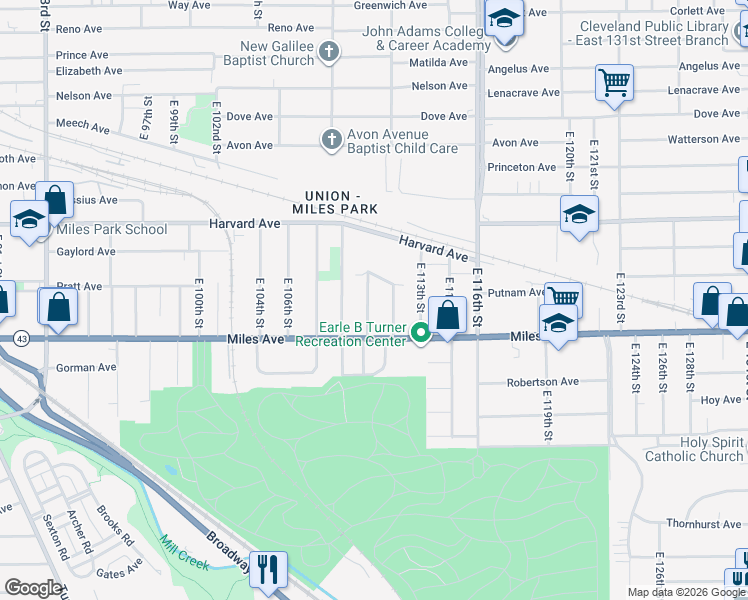 map of restaurants, bars, coffee shops, grocery stores, and more near 4137 East 111th Street in Cleveland