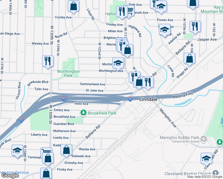 map of restaurants, bars, coffee shops, grocery stores, and more near 11912 Saint John Avenue in Cleveland