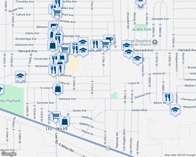 map of restaurants, bars, coffee shops, grocery stores, and more near 17324 Judson Dr in Cleveland
