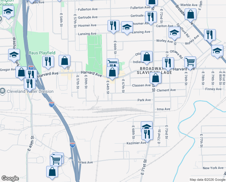map of restaurants, bars, coffee shops, grocery stores, and more near 4097 East 64th Street in Cleveland