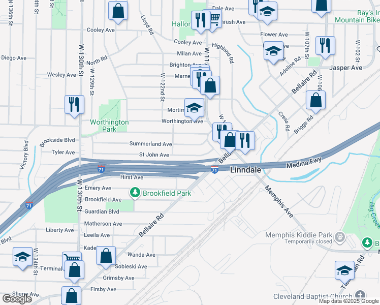 map of restaurants, bars, coffee shops, grocery stores, and more near 11912 Saint John Avenue in Cleveland