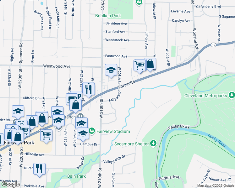map of restaurants, bars, coffee shops, grocery stores, and more near 20814 Fairpark Dr in Fairview Park